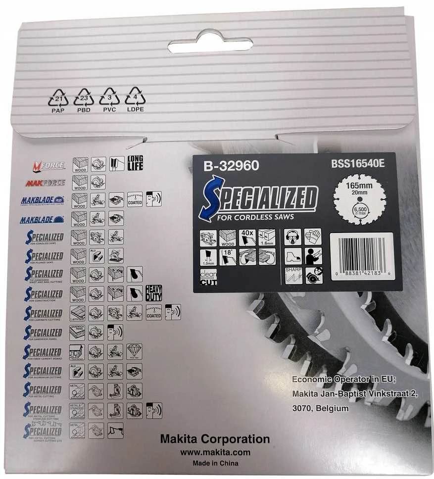 Makita T.C.T. pjūklas SPECIALIZED 165X1.6X20mm 18° T40 B-32960 T.C.T • 165 x20 mm • T40 • 18° • Medienai
