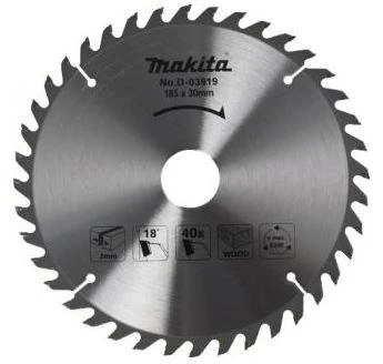 Makita T.C.T. pjūklas 185X2X30mm 18° T40 D-03919 T.C.T • 185 x30 mm • T40 • 18° • Medienai