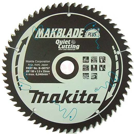 Makita T.C.T. pjūklas MAKBLADE PLUS 190X2X20mm 5° T60 B-08757 T.C.T • 190 x20 mm • T60 • 5° • Medienai
