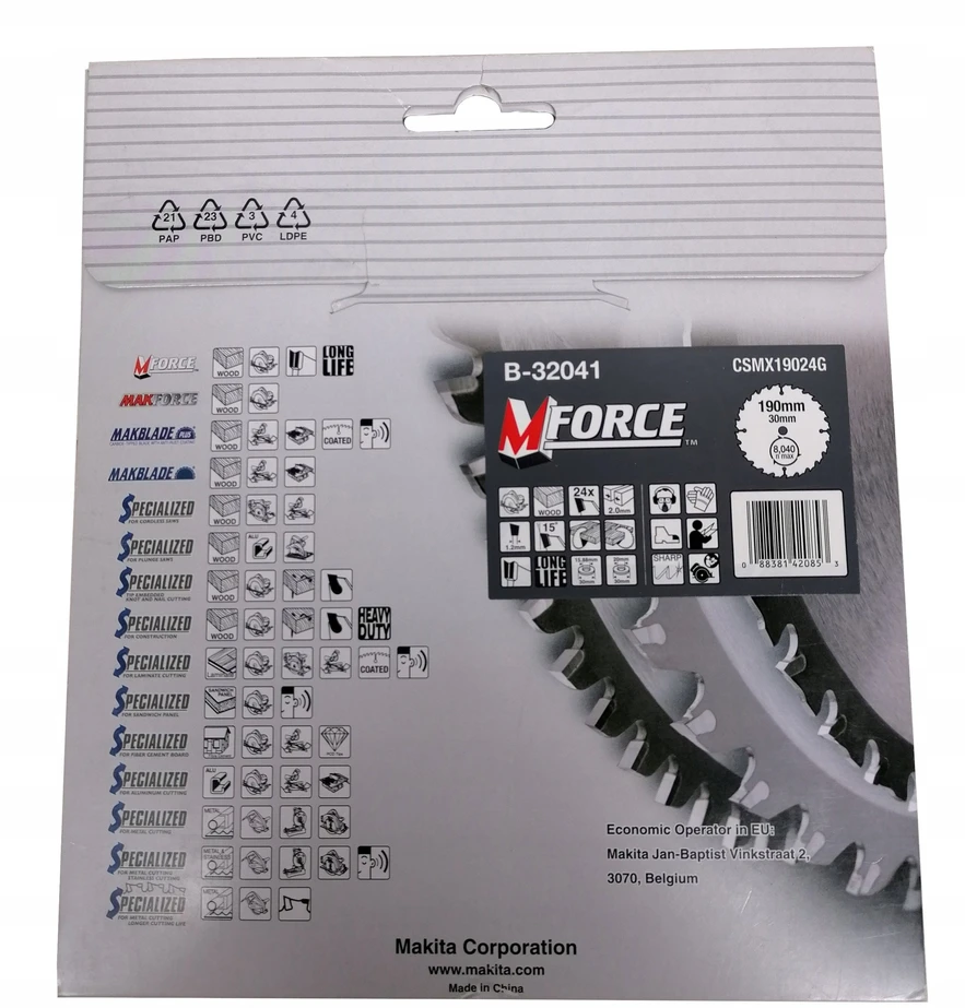 Makita T.C.T. pjūklas M-FORCE 190X2X30mm 15° T24 B-32041 T.C.T • 190 x30 mm • T24 • 15° • Medienai