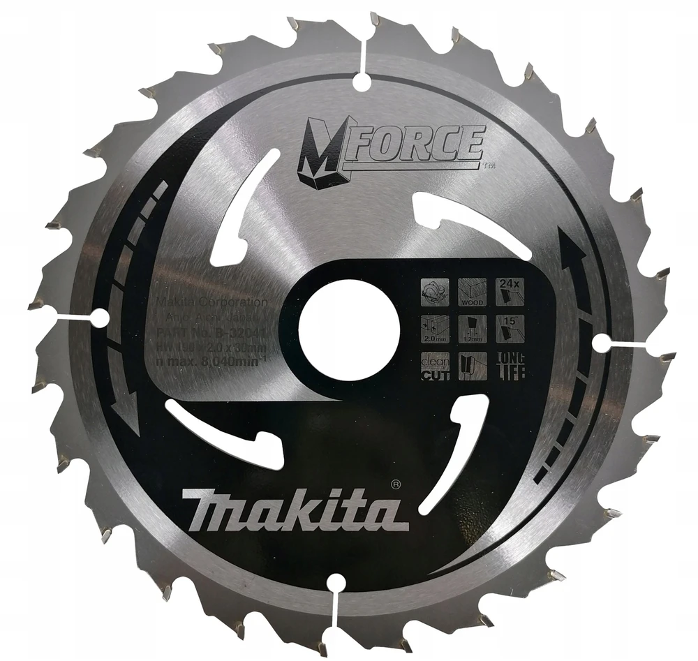 Makita T.C.T. pjūklas M-FORCE 190X2X30mm 15° T24 B-32041 T.C.T • 190 x30 mm • T24 • 15° • Medienai