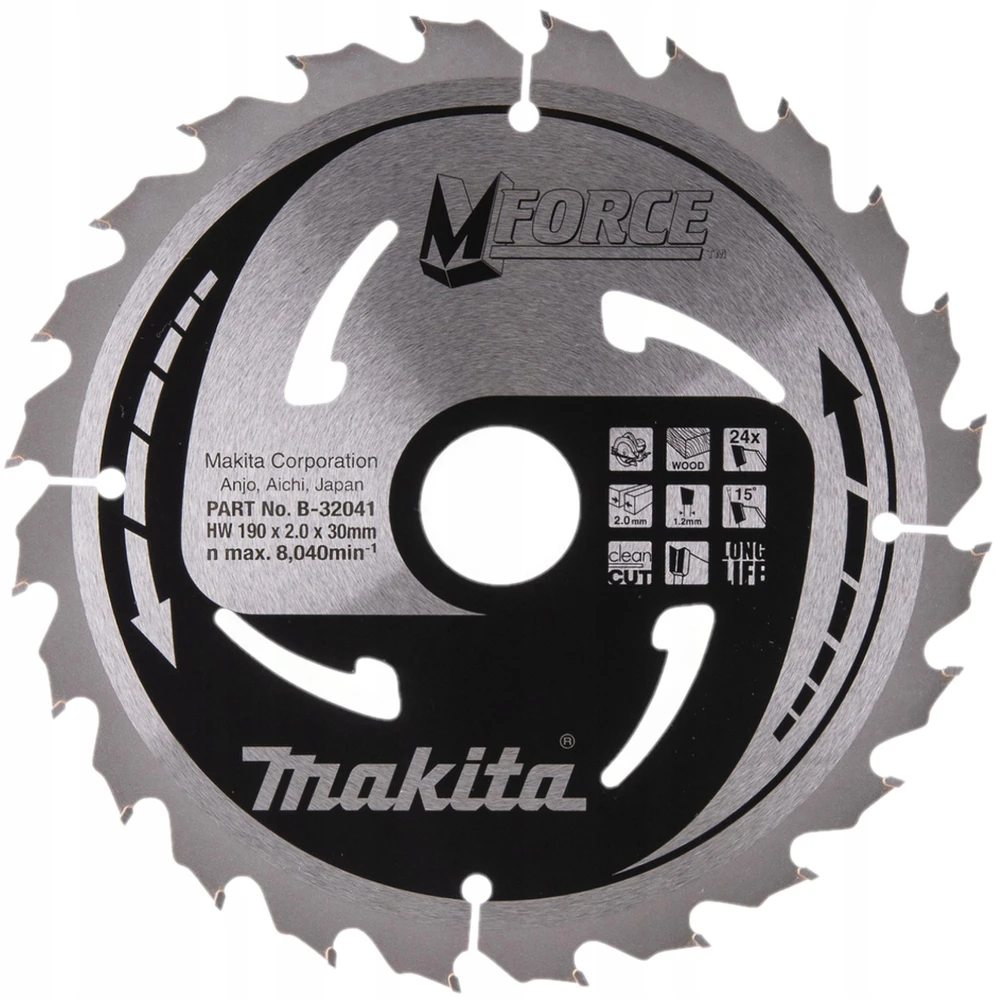 Makita T.C.T. pjūklas M-FORCE 190X2X30mm 15° T24 B-32041 T.C.T • 190 x30 mm • T24 • 15° • Medienai