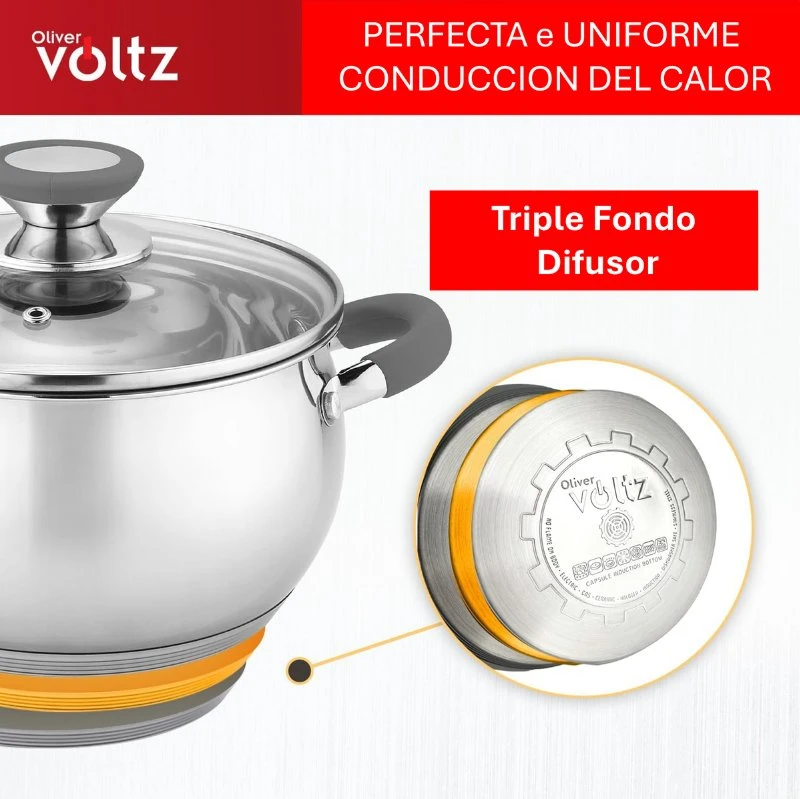 Oliver Voltz Puodas Voltz OV51210N22, 22 cm / 4,6 l, pilkos rankenos, nerūdijantis plienas