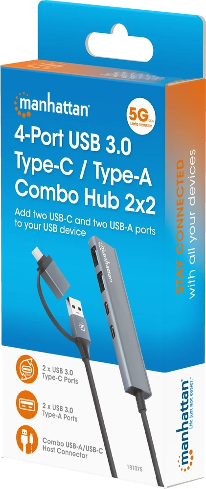 Manhattan 181075 šakotuvai ir šakotuvai USB 3.2 Gen 1 (3.1 Gen 1) Type-A + Type-C 5000 Mbit/s pilka