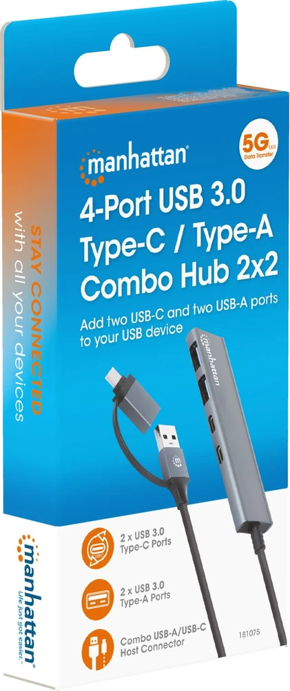 Manhattan 181075 šakotuvai ir šakotuvai USB 3.2 Gen 1 (3.1 Gen 1) Type-A + Type-C 5000 Mbit/s pilka