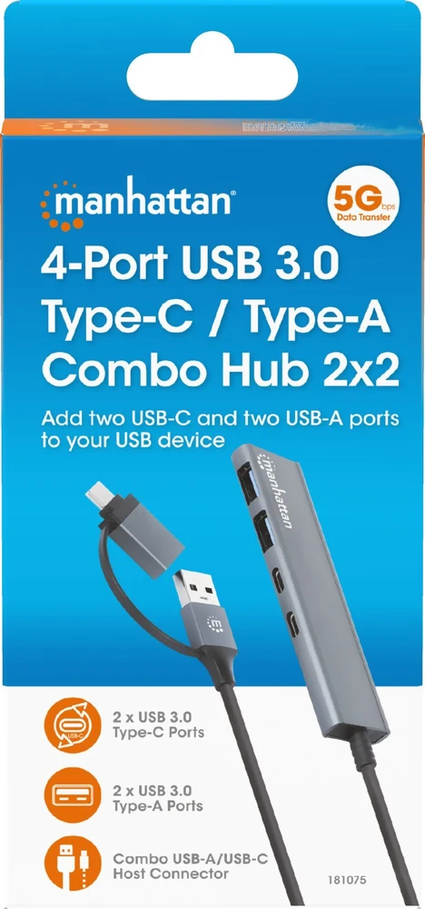 Manhattan 181075 šakotuvai ir šakotuvai USB 3.2 Gen 1 (3.1 Gen 1) Type-A + Type-C 5000 Mbit/s pilka