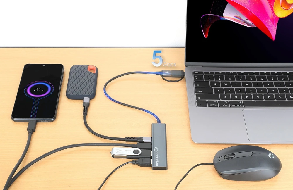 Manhattan 181075 šakotuvai ir šakotuvai USB 3.2 Gen 1 (3.1 Gen 1) Type-A + Type-C 5000 Mbit/s pilka