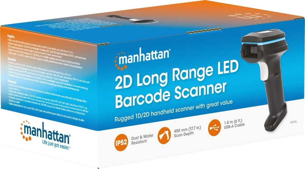 Manhattan 154116 brūkšninių kodų skaitytuvas Rankinis brūkšninių kodų skaitytuvas 1D/2D LED Juoda