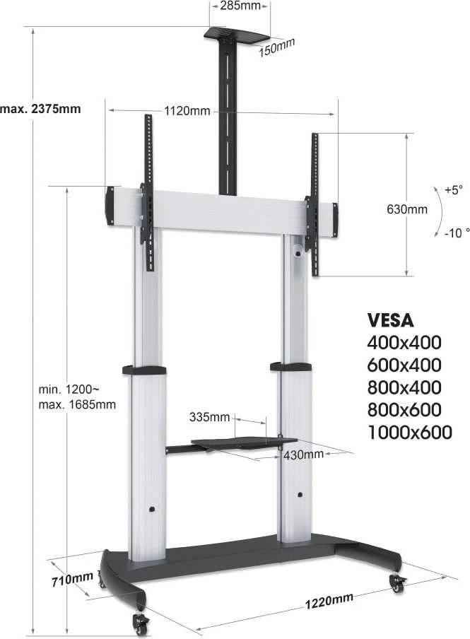 Laikiklis Intracom MANHATTAN Didelio apkrovos televizoriaus krepšelis aliuminio konstrukcija iki 100 kg 220 svarų 60i iki 100i pakreipimas Reguliuojamas aukštis dvi lentynos Sidabrinis/Juodas