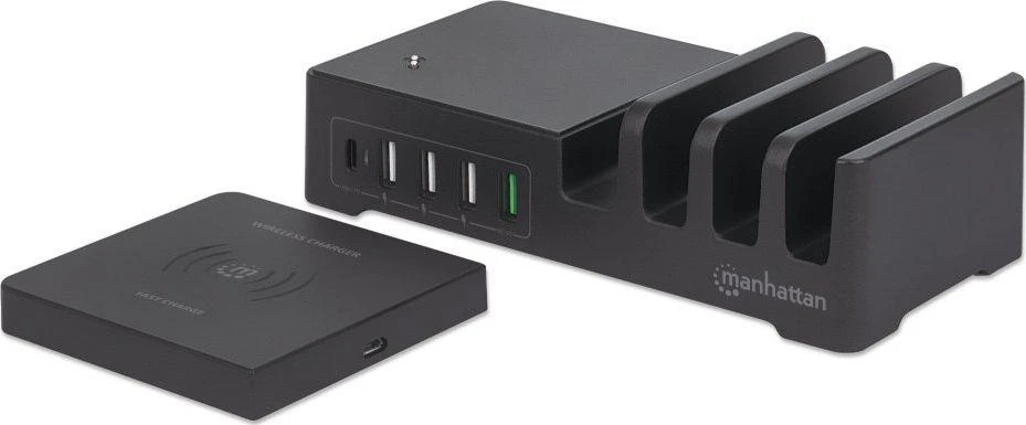Manhattan Įkroviklis jungiama į tinklą 5x USB i Qi 55W, 1x USB-C, 3x USB-A, Qi