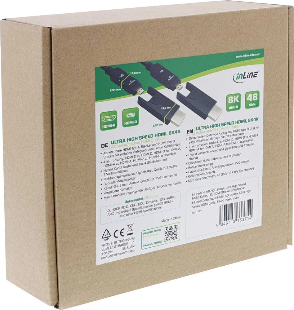 HDMI AOC kabelio pakuotė su techniniais parametrais