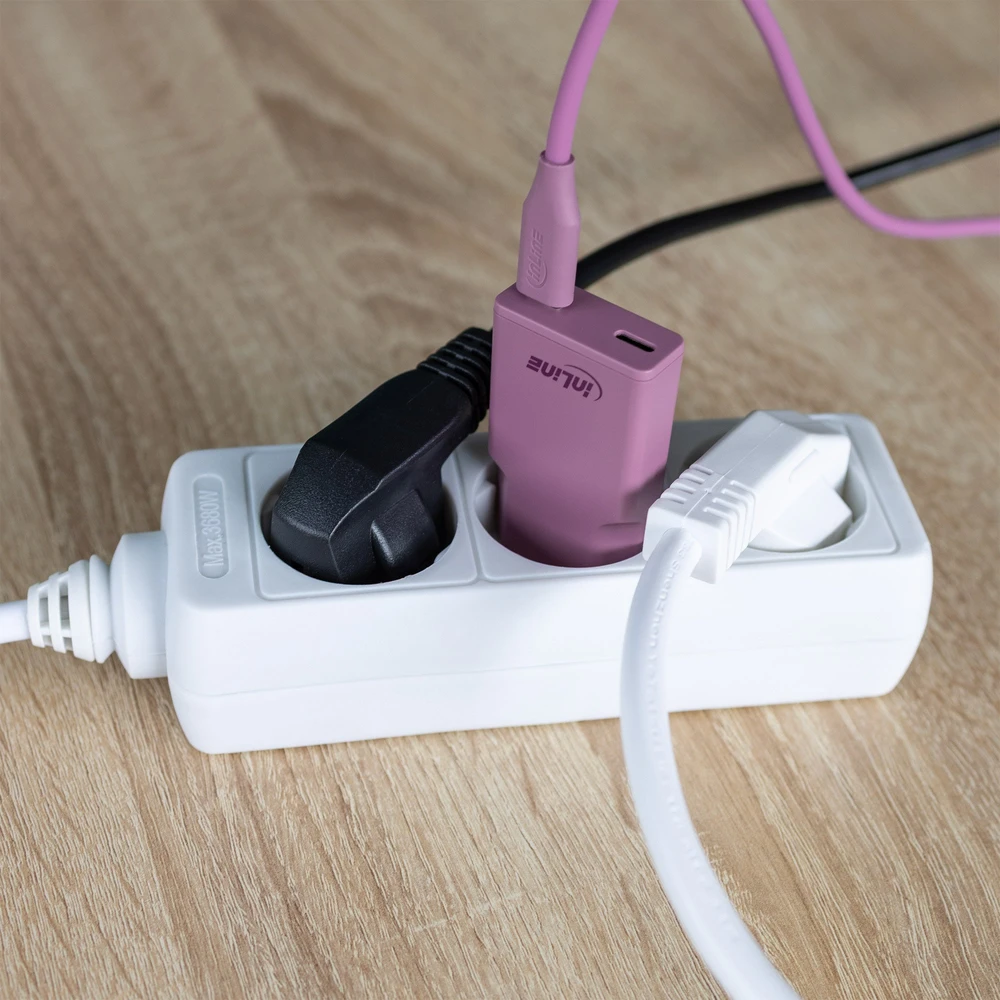 „Manhattan InLine®“ USB-C įkroviklis, 30 W, GaN, dvigubas USB-C, PD/PPS, miško uogų/violetinė spalva