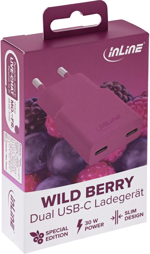 „Manhattan InLine®“ USB-C įkroviklis, 30 W, GaN, dvigubas USB-C, PD/PPS, miško uogų/violetinė spalva