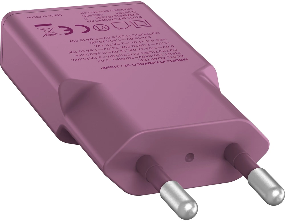 „Manhattan InLine®“ USB-C įkroviklis, 30 W, GaN, dvigubas USB-C, PD/PPS, miško uogų/violetinė spalva