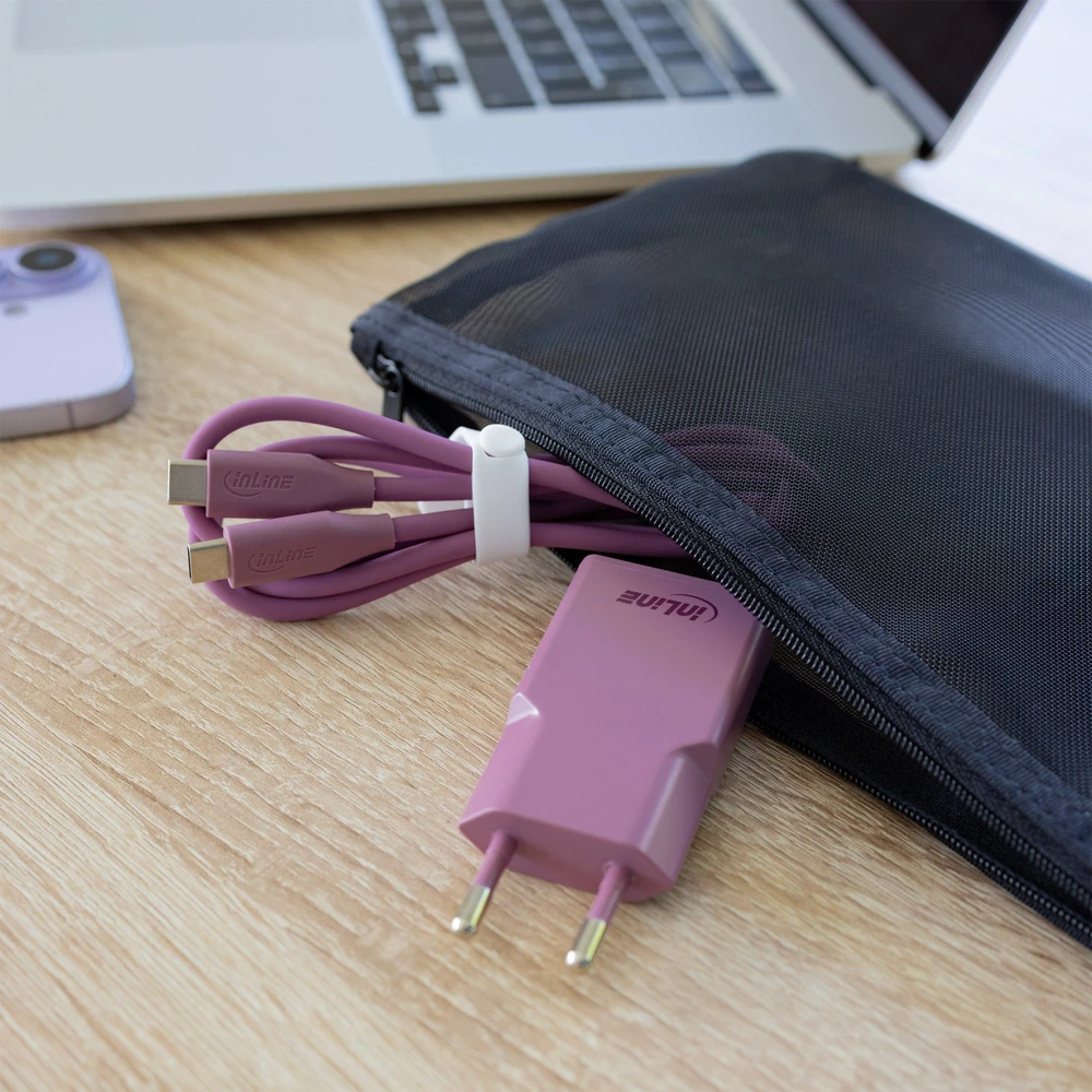 „Manhattan InLine®“ USB-C įkroviklis, 30 W, GaN, dvigubas USB-C, PD/PPS, miško uogų/violetinė spalva