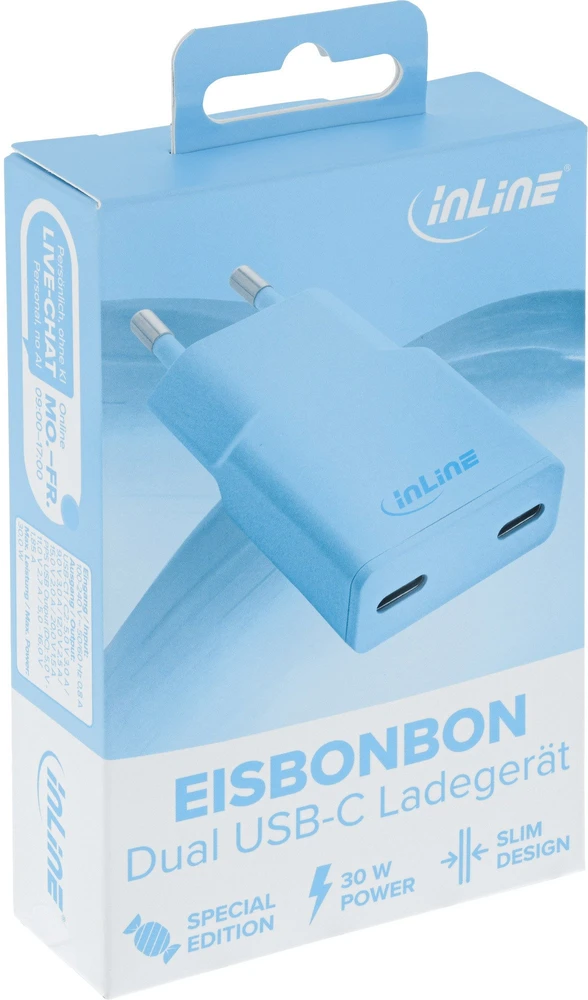 Manhattan InLine® USB-C įkroviklis, 30 W, GaN, dvigubas USB-C, PD/PPS, saldainių spalvos/mėlynas
