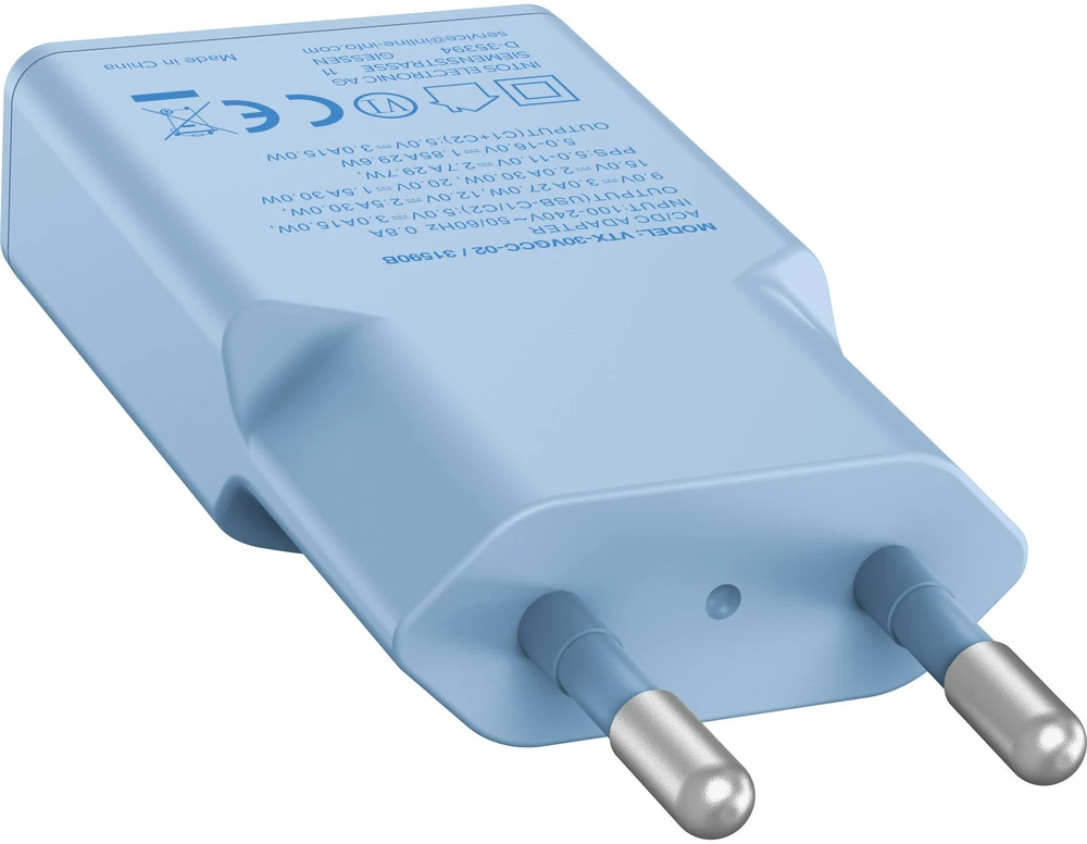 Manhattan InLine® USB-C įkroviklis, 30 W, GaN, dvigubas USB-C, PD/PPS, saldainių spalvos/mėlynas