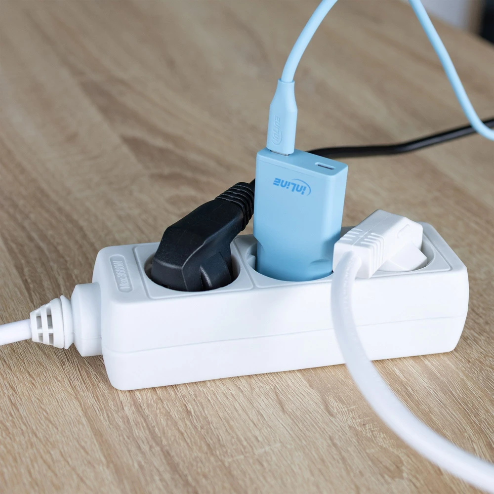 Manhattan InLine® USB-C įkroviklis, 30 W, GaN, dvigubas USB-C, PD/PPS, saldainių spalvos/mėlynas
