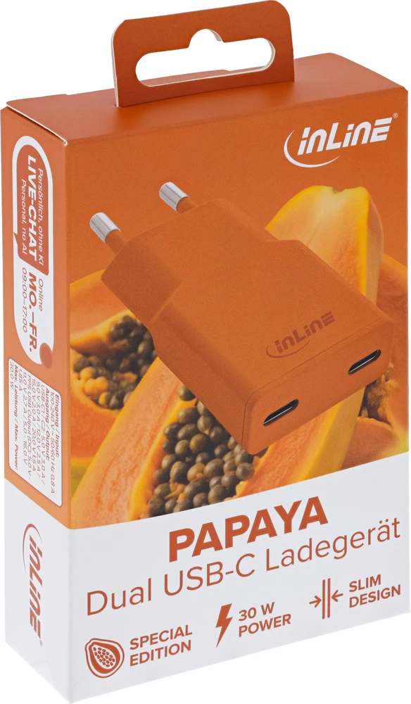 Įkroviklis Manhattan InLine® GaN USB-C 2x USB-C 30W Oranžinė (31590O)