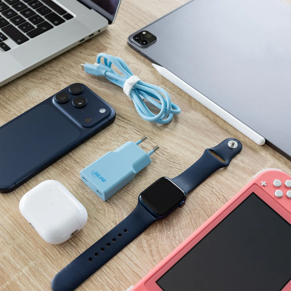 Manhattan InLine® USB-C įkroviklis, 30 W, GaN, dvigubas USB-C, PD/PPS, saldainių spalvos/mėlynas