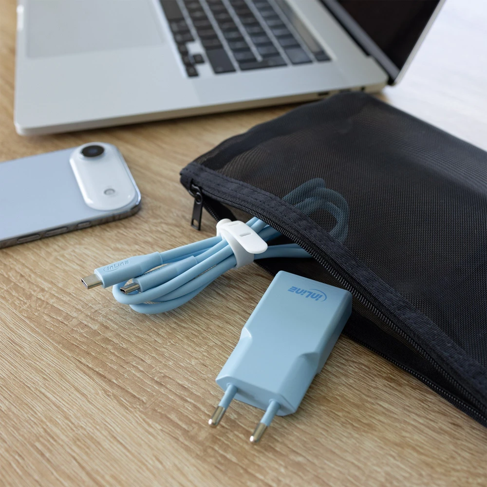Manhattan InLine® USB-C įkroviklis, 30 W, GaN, dvigubas USB-C, PD/PPS, saldainių spalvos/mėlynas
