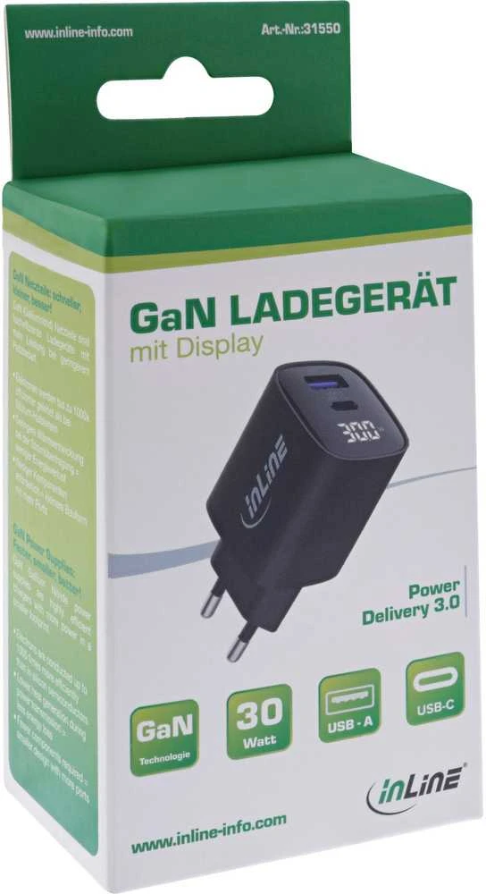 Manhattan InLine GaN USB PD QC įkroviklis 1x USB-A 1x USB-C 30 W
