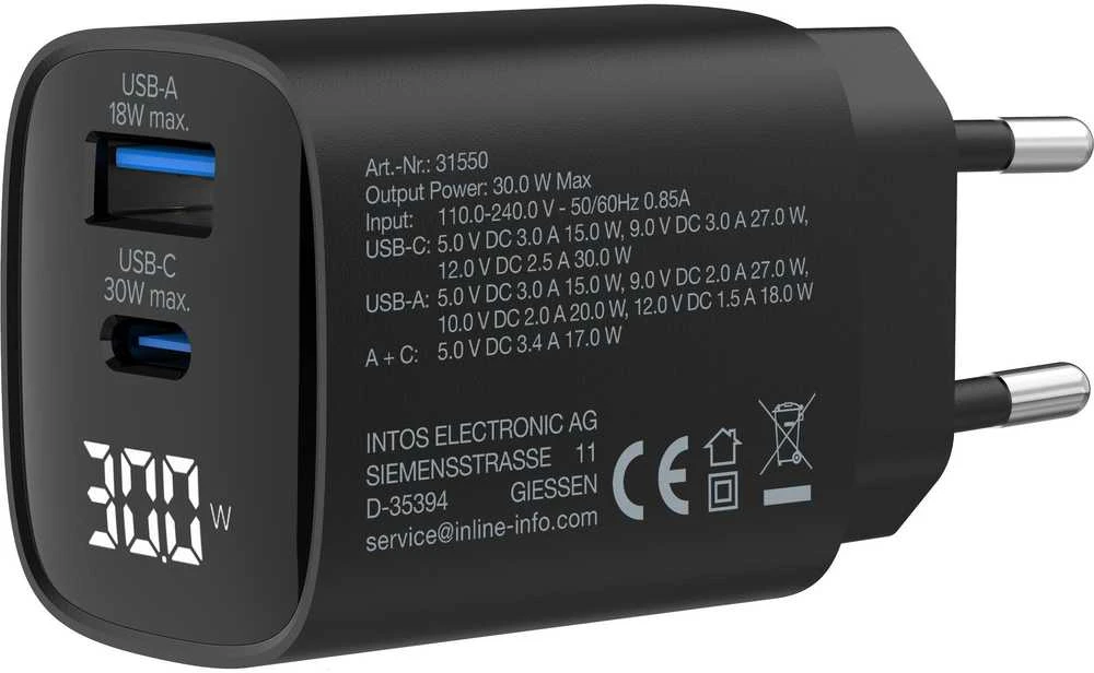 Manhattan InLine GaN USB PD QC įkroviklis 1x USB-A 1x USB-C 30 W