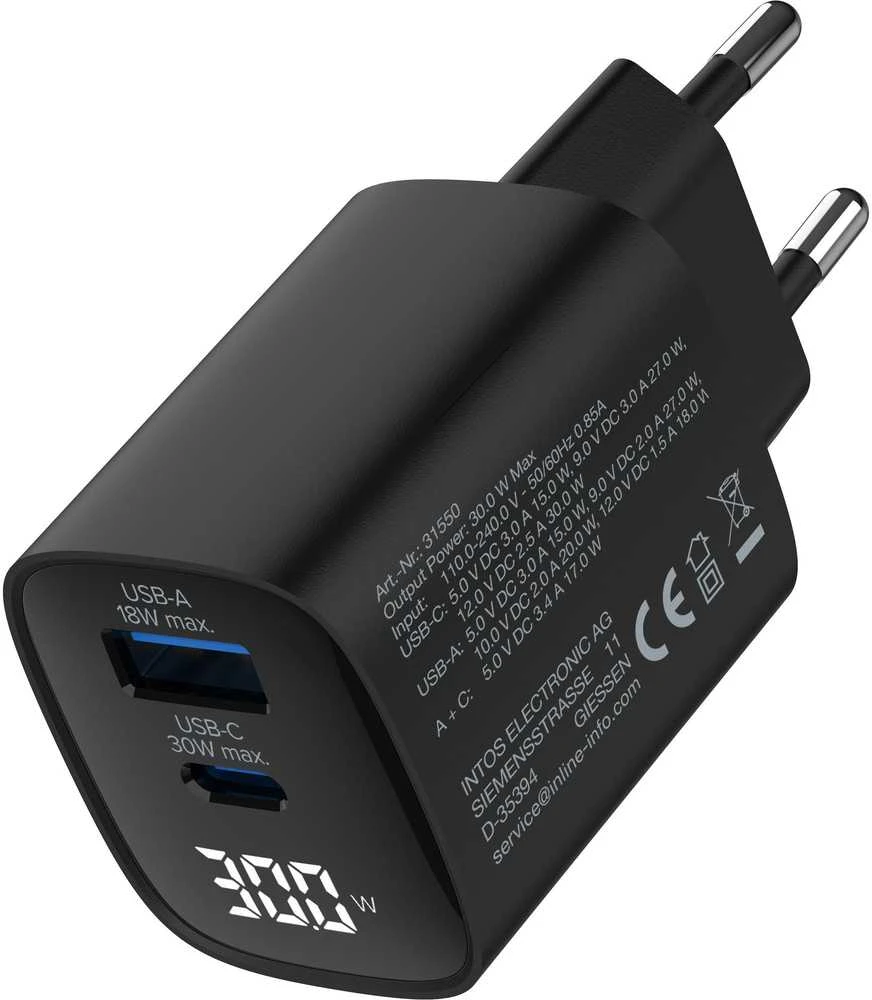 Manhattan InLine GaN USB PD QC įkroviklis 1x USB-A 1x USB-C 30 W
