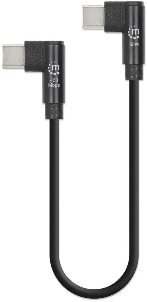 Manhattan Krótki Kabelis ładujący USB-C 60W 20cm 5-pak USB Typ-C wtyk na wtyk kątowy USB 2.0 480mbit/s juoda (357050)