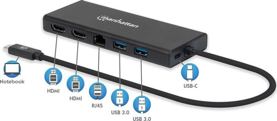 Intracom MANHATTAN USB 3.2 Gen 1 USB-C prie dviejų HDMI kelių prievadų adapteris USB-C prie 2x HDMI 4K30Hz 2x USB-A USB-C maitinimo tiekimo Gigabit RJ45 prievadas