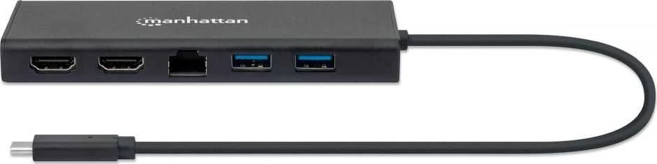 Intracom MANHATTAN USB 3.2 Gen 1 USB-C prie dviejų HDMI kelių prievadų adapteris USB-C prie 2x HDMI 4K30Hz 2x USB-A USB-C maitinimo tiekimo Gigabit RJ45 prievadas