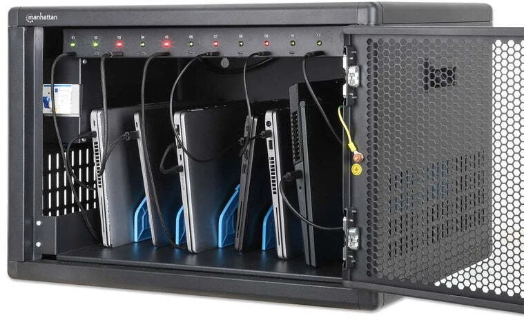 Manhattan Nešiojamas kompiuteris Charging Cabinet Desktop (or trolley) via USB-C 65W 16" 12-bay, Suitable for USB-C laptops (to 16"), iPads, MacBooks, Chromebooks, other USB-C devices, Bays 395x32.5x290mm, USB-C charging cables included,Cart, UK & EU