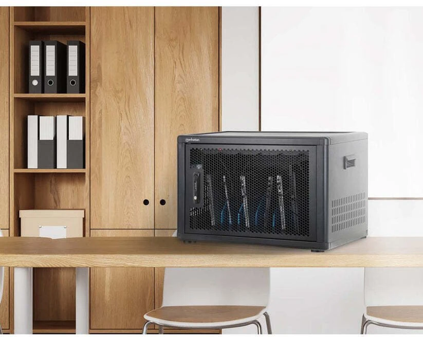 Manhattan Nešiojamas kompiuteris Charging Cabinet Desktop (or trolley) via USB-C 65W 16" 12-bay, Suitable for USB-C laptops (to 16"), iPads, MacBooks, Chromebooks, other USB-C devices, Bays 395x32.5x290mm, USB-C charging cables included,Cart, UK & EU