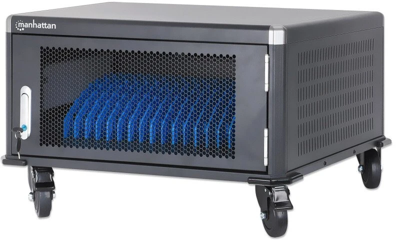 Manhattan Nešiojamas kompiuteris Įkrovimo spinta ant stalų su AC adapteriu (ES) 20 vietų, Įdiekite įrenginio AC adapterį (maitinimo laidus) į bloką, Tinka VISIEMS nešiojamiesiems kompiuteriams (iki 16 colių), iPad, MacBook, Chromebook ir kitiems nešiojamiesiems įrenginiams, Angos 380x30x280mm, Vežimėlis, Užrakinama