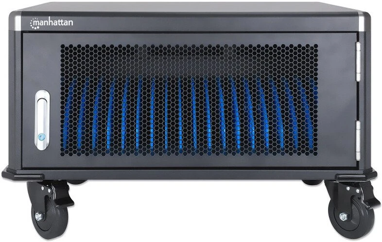 Manhattan Nešiojamas kompiuteris Įkrovimo spinta ant stalų su AC adapteriu (ES) 20 vietų, Įdiekite įrenginio AC adapterį (maitinimo laidus) į bloką, Tinka VISIEMS nešiojamiesiems kompiuteriams (iki 16 colių), iPad, MacBook, Chromebook ir kitiems nešiojamiesiems įrenginiams, Angos 380x30x280mm, Vežimėlis, Užrakinama