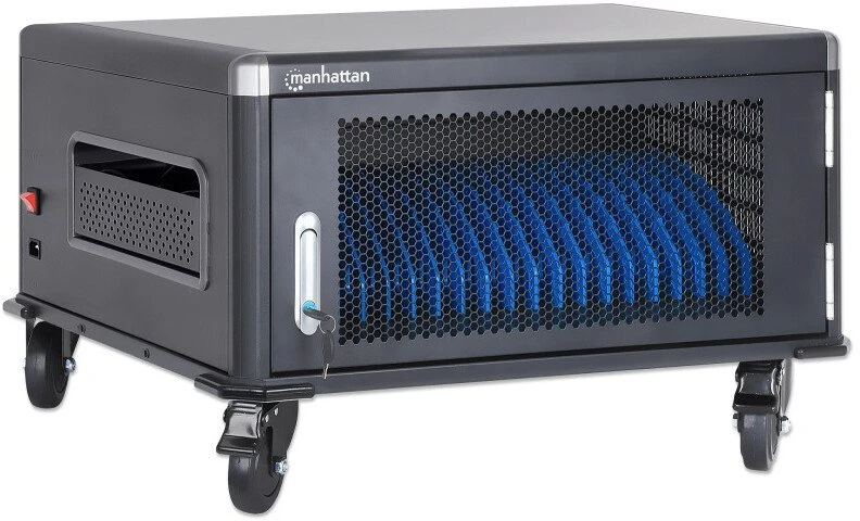 Manhattan Nešiojamas kompiuteris Įkrovimo spinta ant stalų su AC adapteriu (ES) 20 vietų, Įdiekite įrenginio AC adapterį (maitinimo laidus) į bloką, Tinka VISIEMS nešiojamiesiems kompiuteriams (iki 16 colių), iPad, MacBook, Chromebook ir kitiems nešiojamiesiems įrenginiams, Angos 380x30x280mm, Vežimėlis, Užrakinama