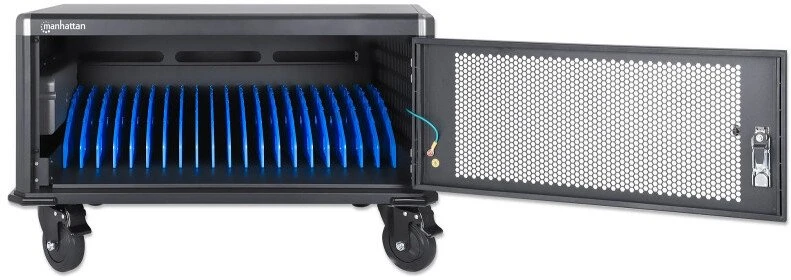Manhattan Nešiojamas kompiuteris Įkrovimo spinta ant stalų su AC adapteriu (ES) 20 vietų, Įdiekite įrenginio AC adapterį (maitinimo laidus) į bloką, Tinka VISIEMS nešiojamiesiems kompiuteriams (iki 16 colių), iPad, MacBook, Chromebook ir kitiems nešiojamiesiems įrenginiams, Angos 380x30x280mm, Vežimėlis, Užrakinama
