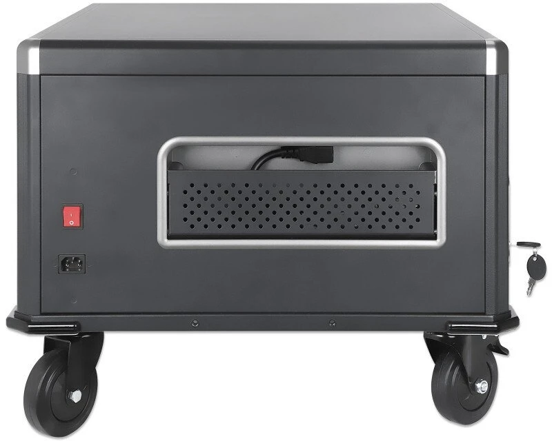 Manhattan Nešiojamas kompiuteris Įkrovimo spinta ant stalų su AC adapteriu (ES) 20 vietų, Įdiekite įrenginio AC adapterį (maitinimo laidus) į bloką, Tinka VISIEMS nešiojamiesiems kompiuteriams (iki 16 colių), iPad, MacBook, Chromebook ir kitiems nešiojamiesiems įrenginiams, Angos 380x30x280mm, Vežimėlis, Užrakinama