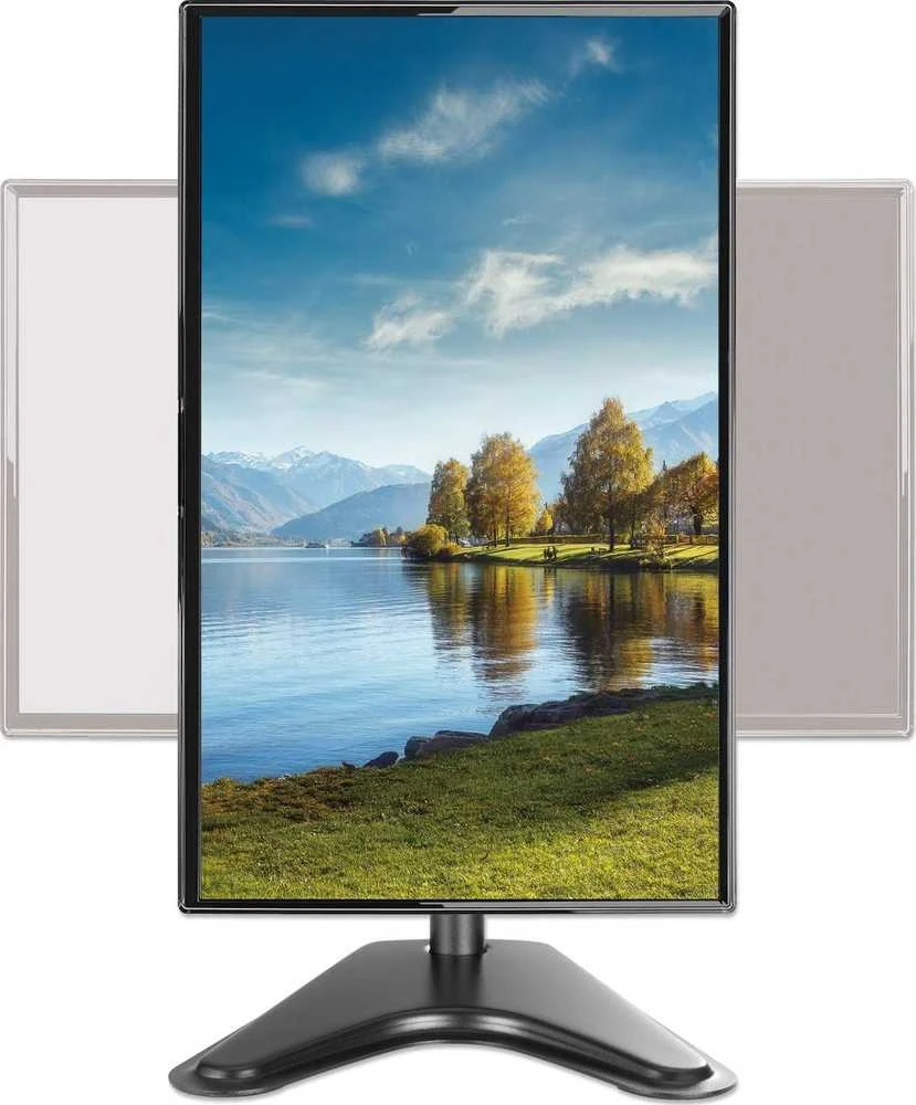 „Manhattan“ stalo laikiklis televizoriams ir monitoriams, stovo surinkimas, pakreipimas / pasukimas / sukimas, ekranams nuo 10 iki 27 colių, suderinamumas su VESA: 75x75 ir 100x100 mm - patikrinkite keturių tvirtinimo angų matmenis ekrano gale, kad įsitikintumėte, jog jis tinka, maks. 7kg, juodas, laikiklis