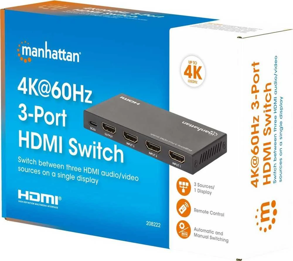 Šakotuvas „Manhattan Switch“ 3x HDMI 2.0 4K60Hz 3 prievadų HDMI jungiklis, automatinis