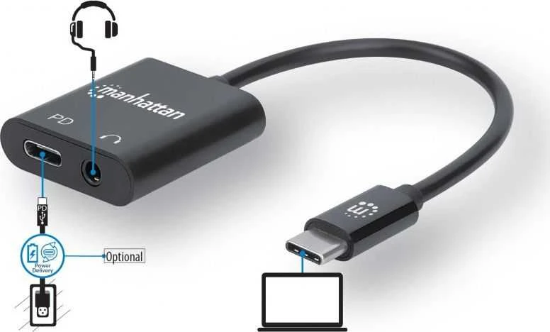 Intracom MANHATTAN USB-C prie ausinių lizdo adapteris USB-C kištukas iki 3,5 mm garso ir USB-C maitinimo tiekimo moterys Juodas