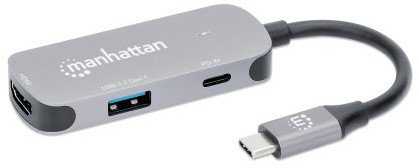 HUB USB Manhattan MANHATTAN USB-C 3-in-1 Konverter mit Power Delivery USB 3.2 Typ-C-Stecker auf HDMI 4K30Hz USB-A 5Gbit/s und USB-C PD 100W Alu Grau