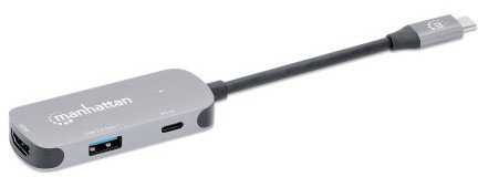 HUB USB Manhattan MANHATTAN USB-C 3-in-1 Konverter mit Power Delivery USB 3.2 Typ-C-Stecker auf HDMI 4K30Hz USB-A 5Gbit/s und USB-C PD 100W Alu Grau