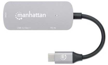 HUB USB Manhattan MANHATTAN USB-C 3-in-1 Konverter mit Power Delivery USB 3.2 Typ-C-Stecker auf HDMI 4K30Hz USB-A 5Gbit/s und USB-C PD 100W Alu Grau