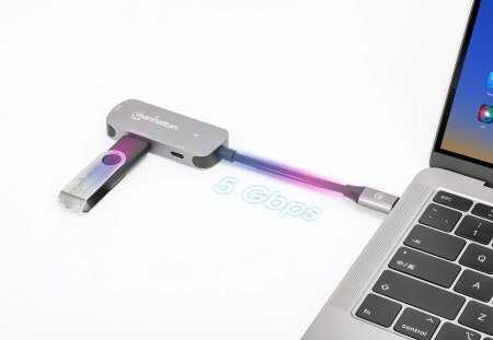 HUB USB Manhattan MANHATTAN USB-C 3-in-1 Konverter mit Power Delivery USB 3.2 Typ-C-Stecker auf HDMI 4K30Hz USB-A 5Gbit/s und USB-C PD 100W Alu Grau