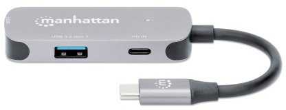 HUB USB Manhattan MANHATTAN USB-C 3-in-1 Konverter mit Power Delivery USB 3.2 Typ-C-Stecker auf HDMI 4K30Hz USB-A 5Gbit/s und USB-C PD 100W Alu Grau
