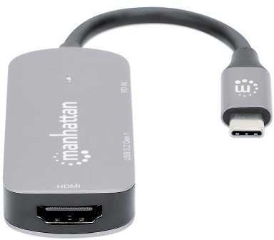 HUB USB Manhattan MANHATTAN USB-C 3-in-1 Konverter mit Power Delivery USB 3.2 Typ-C-Stecker auf HDMI 4K30Hz USB-A 5Gbit/s und USB-C PD 100W Alu Grau