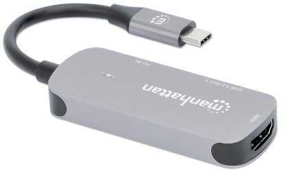 HUB USB Manhattan MANHATTAN USB-C 3-in-1 Konverter mit Power Delivery USB 3.2 Typ-C-Stecker auf HDMI 4K30Hz USB-A 5Gbit/s und USB-C PD 100W Alu Grau