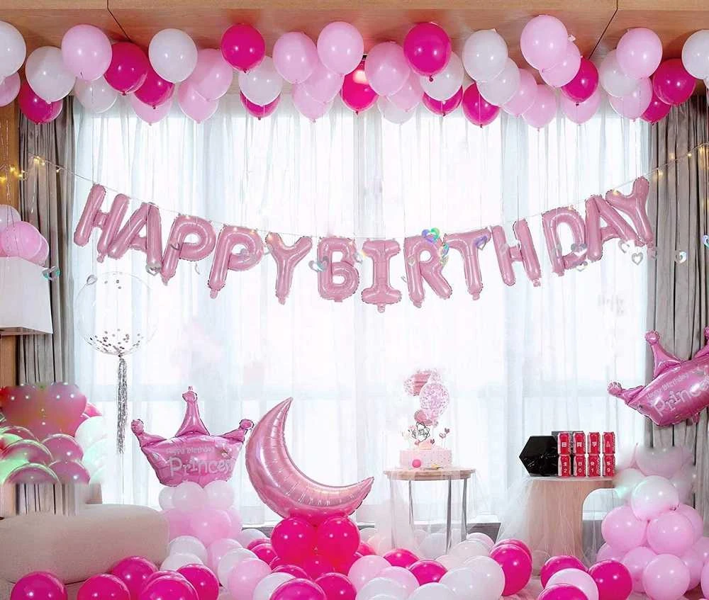 PartyDeco Folinis balionas Happ Birthday rausvas 340x35cm
