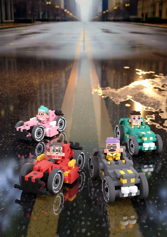 Marioinex Mini vaflinės kaladėlės rožinis automobilis 50vnt + figūrėlė